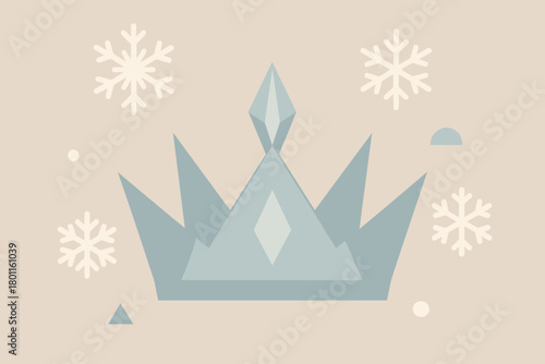 Snow Queen's Geometric Crown. minimalist flat illustration of a Snow Queen’s crown as the central element,