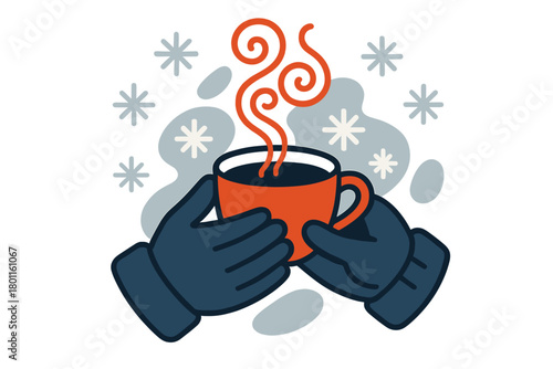 Geometric Tea Moment. Peaceful tea break. Simple gloved hands holding a cup of tea, steam forming delicate