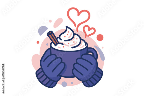 Whimsical Cocoa Scene. Hot chocolate delight. A cup filled with whipped cream and cinnamon held in cozy gloves