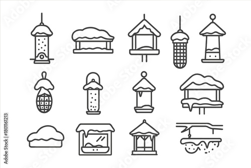 Snowy Bird Feeder Icons. Bird Feeders in Snow. Line outline icon set of snow-covered feeders for birds: