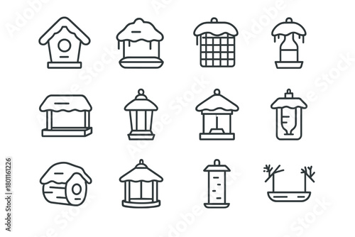 Snowy Birdhouses Icons. Birdhouses and Feeders in Snow. Line outline icon set of snowy feeders and houses: