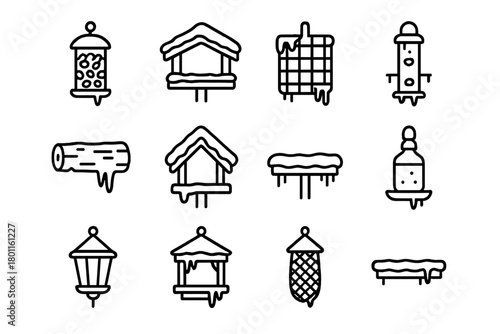 Frozen Bird Feeders. Frozen Feeders. Line outline icon set of frosty bird feeders: hanging seed feeder,