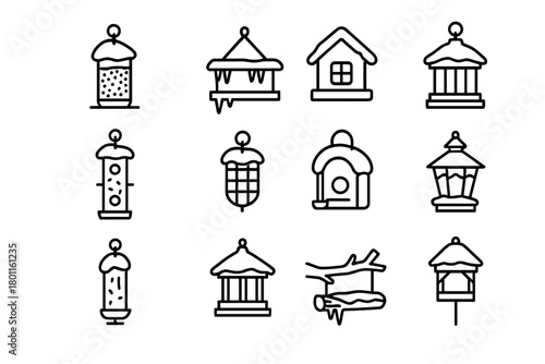 Snow-Capped Bird Feeders. Snowy Backyard Feeders. Line outline icon set of bird feeders covered in snow: