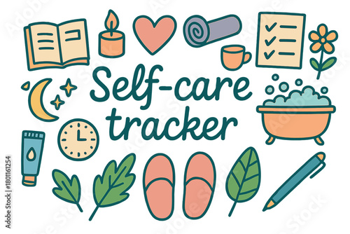 Self-Care Doodle Tracker. Self-care tracker. Hand-drawn doodle illustration of self-care tracker. Journal,