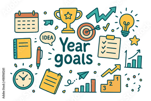 Year Goals Doodle. Year goals. Hand-drawn doodle illustration of year goals. Calendar, trophy, dartboard,