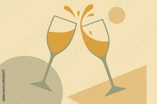 Champagne Toast Illusion. minimalist flat illustration of two champagne glasses clinking mid-air, liquid