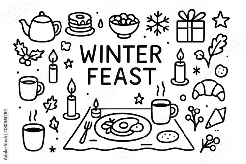 Winter Feast Doodles. Winter Feast. Hand-drawn doodle illustration of Christmas breakfast with warm dishes and