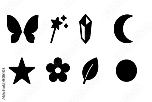 Fairy Elements Icons. Fairy Elements. Filled icon set of Fairy Elements: wings, wand, crystal, moon, star,