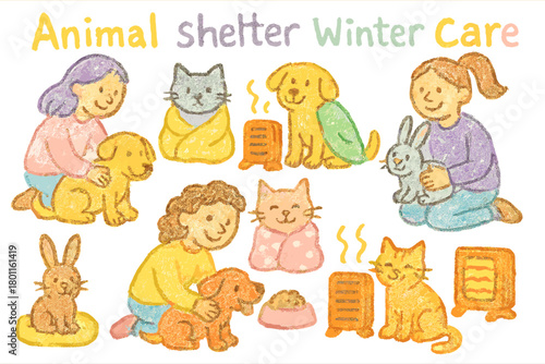 Cozy Animal Shelter. "Animal shelter winter care". Playful doodle of happy animals — dogs, cats, rabbits —