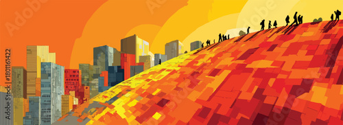 A vibrant vector illustration depicts a futuristic city skyline on a warm, abstract landscape with people silhouetted against an orange sky.