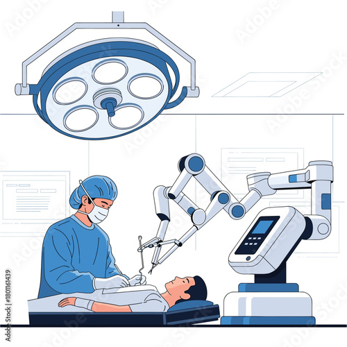 Robotic surgery being performed by a surgeon with a robotic arm assisting in the procedure isolated on the future of medicine is here with automation