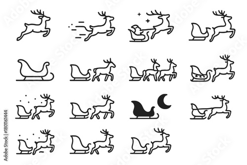 Reindeer Sleigh Icons. Reindeer in Motion. Line outline icon set of reindeer sleigh scenes: reindeer leaping,