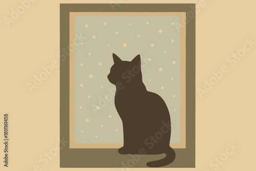Cat and Snowflakes. minimalist flat illustration of a cat’s silhouette framed by a frosted window, snowflakes