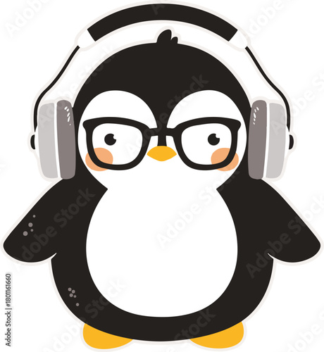 Cool Penguin Tunes: A charming, cartoon penguin rocks out with oversized headphones and stylish glasses, radiating a vibe of chilled-out coolness and musical enjoyment.