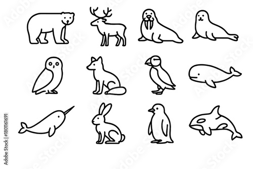 Northern Wildlife Icons. Northern Wildlife. Line outline icon set of animals from the far north: polar bear,
