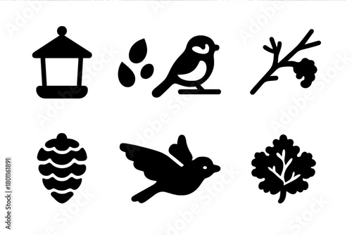 Winter Feeding Icons. Winter Feeding Time. Filled icon set of Winter Feeding Time: bird feeder, seeds,