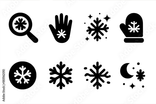 Snowflake Icon Collection. Snowflake Discovery. Filled icon set of Snowflake Discovery: magnified flake, child