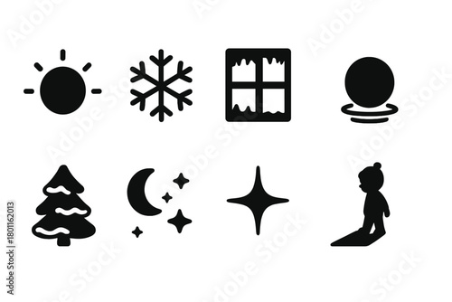 Winter Icons Collection. Winter Light. Filled icon set of Winter Light: glowing orb, snowflake, frosty window,