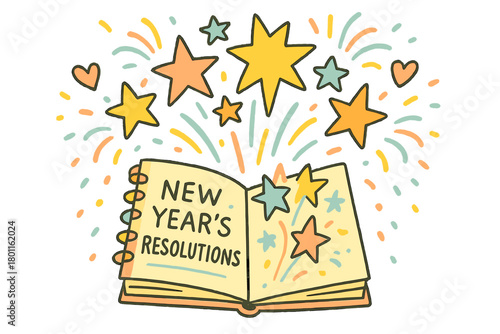 Whimsical Resolutions Notebook. "New Year’s resolutions notebook". Whimsical doodle of a big notebook with