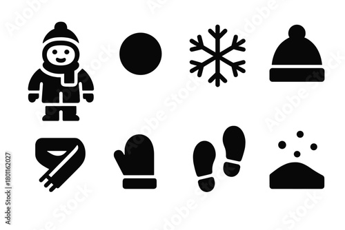 Winter Childhood Icons. Child in Snow. Filled icon set of Child in Snow: bundled child, snowball, snowflake,