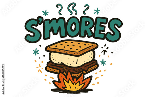 Campfire S'mores Art. S’mores by the fire. bold doodle lettering, thick outline, playful marker vibe, sketchy