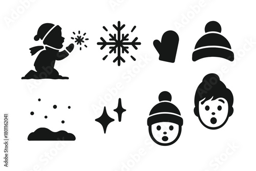 Child's Glowing Discovery. Child Discovering Glowing Snowflake. Filled icon set of Child Discovering Glowing