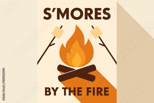Cozy Campfire S'mores. S’mores by the fire. geometric sans heavy, flat fills, long angled shadows, minimalist