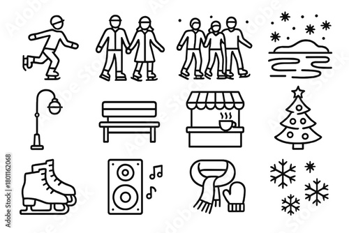 City Skating Icons. City Ice Skating. Line outline icon set of people skating in public plaza: solo skater,