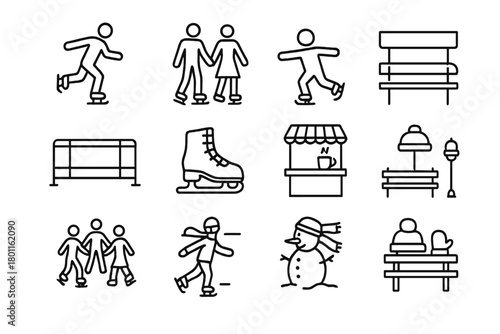 Winter Skating Icons. Winter Ice Skating. Line outline icon set of ice skating in public square: skater