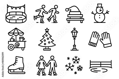 Festive Skating Icons. Winter Plaza Skating. Line outline icon set of festive city square skating: rink with