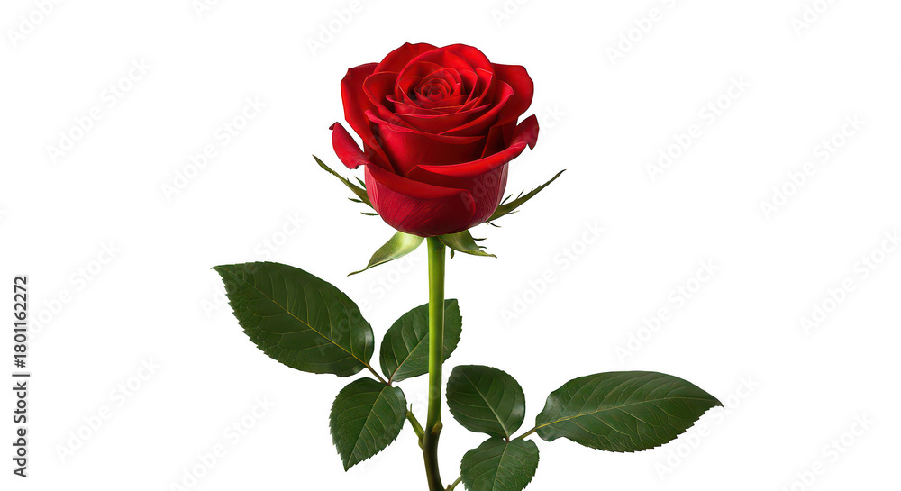 Fototapeta premium Vibrant Red Rose With Green Stem On Black Background