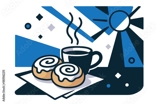 Cinnamon Roll Delight. Breakfast comfort. Cinnamon rolls on a napkin with a steaming cup beside them, light