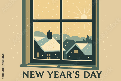 New Year's Snow View. minimalist flat illustration of a window view with gentle morning snow on New Year’s Day