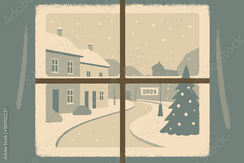 Snowy Street Morning. minimalist flat illustration of a peaceful snowy street seen through a frosted window,