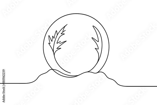 Frozen Soap Bubble. Crystal Bubble. Minimalistic one-line drawing macro shot of frozen soap bubble on snow,