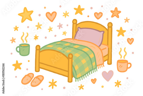 Cozy Winter Bedroom. "Winter bedroom aesthetic". Whimsical doodle of bed surrounded by stars, hearts, slippers