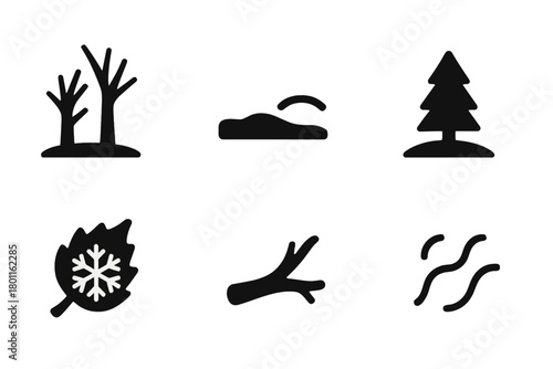Silent Forest Icons. Silent Forest. Filled icon set of Silent Forest: bare trees, snow ground, fog stripe,