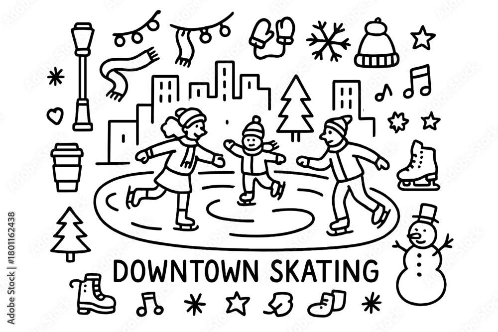 Fototapeta premium Downtown Skating Doodles. Downtown Skating. Hand-drawn doodle illustration of public skating rink in downtown