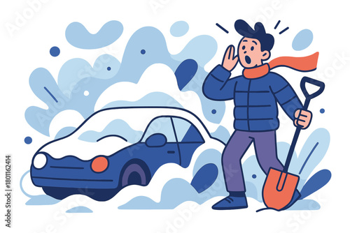 Car Buried in Snow. Snow day discovery. A person finds their car hidden beneath snow piles, holding a shovel