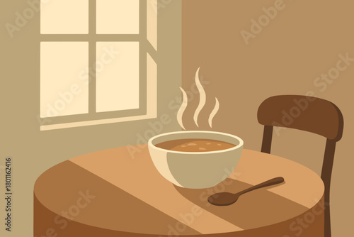 Cozy Retro Dining Ambiance. minimalist flat illustration of a cozy dining table with a ceramic bowl of soup,