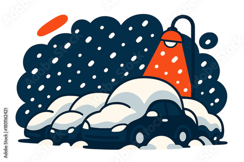 Snowy Vehicles Under Streetlights. Snowfall on parked cars. Row of vehicles almost hidden beneath thick layers