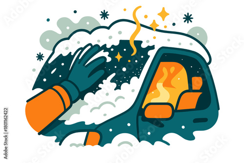 Morning Car Thaw. Morning thaw. A gloved hand clears snow from a car window, revealing a warm interior glow.