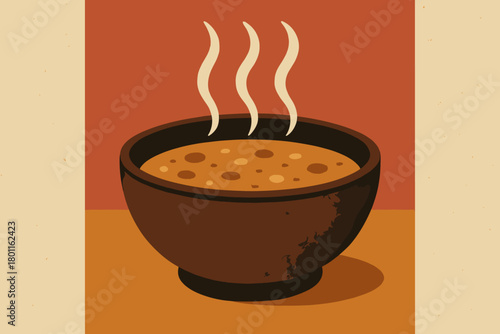 Retro Soup Bowl. minimalist flat illustration of a close-up of a rustic ceramic bowl with steaming soup,