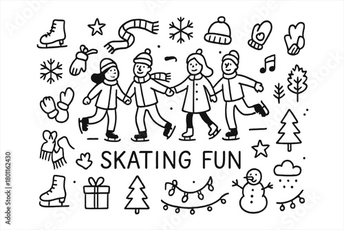 Ice Skating Doodle. Skating Fun. Hand-drawn doodle illustration of friends ice skating outdoors. In the middle