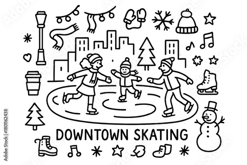 Downtown Skating Doodles. Downtown Skating. Hand-drawn doodle illustration of public skating rink in downtown