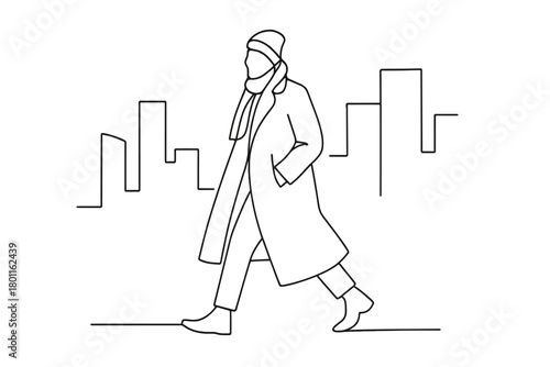 Minimalist Winter Fashion. Winter Street Fashion. Minimalistic one-line drawing stylish person in long coat