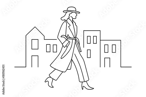 Minimalist Street Vogue. Street Vogue. Minimalistic one-line drawing stylish woman in trench coat walking past