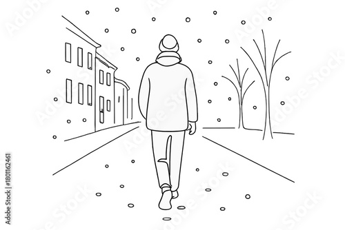 Winter Urban Stroll. Winter Walk. Minimalistic one-line drawing person walking down snowy urban street,