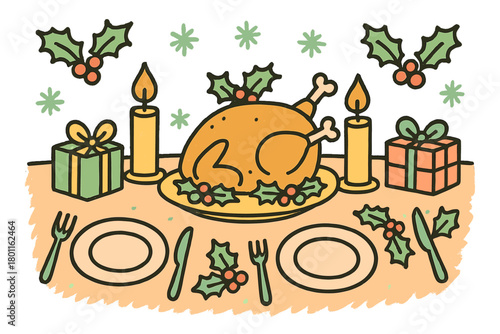 Festive Turkey Dinner. "Christmas dinner roasted turkey". Large child-like hand-drawn doodle illustration of a