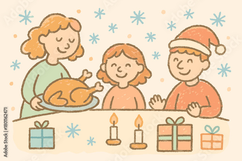 Festive Turkey Dinner. "Christmas dinner roasted turkey". Naive doodle of people serving turkey at table with